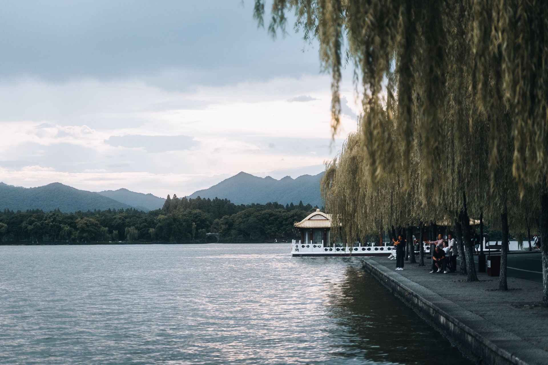 West Lake with willows and mountains, Hangzhou
