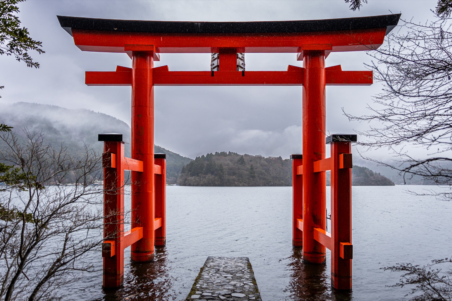 Red torii gate over a lake, Hakone