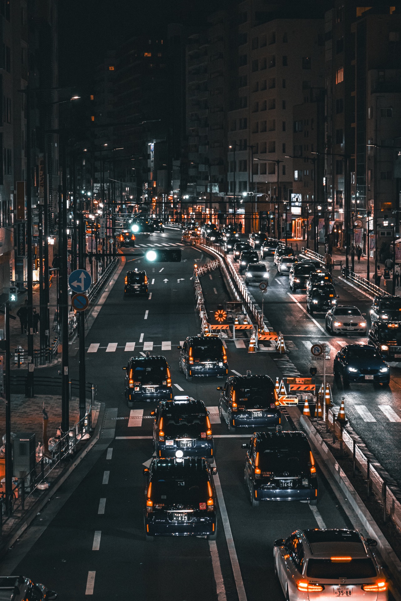 Night city traffic from above